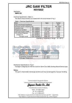 NSVS822 datasheet - JRC SAW FILTER