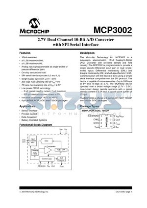 MCP3002-I/MS datasheet - 2.7V Dual Channel 10-Bit A/D Converter with SPI Serial Interface