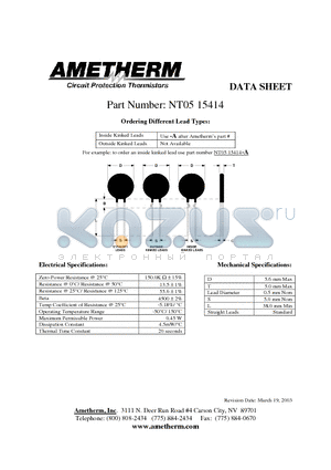 NT0515414 datasheet - Circuit Protection Thermistors