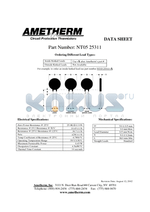 NT0525311 datasheet - Circuit Protection Thermistors