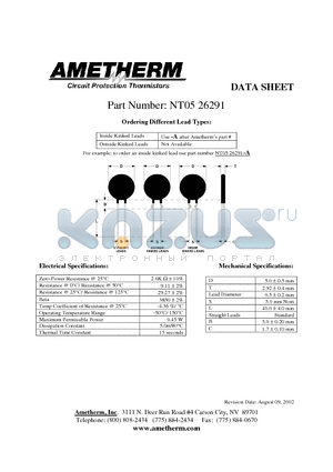 NT0526291 datasheet - Circuit Protection Thermistors