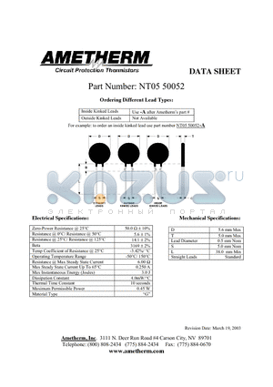 NT0550052 datasheet - Circuit Protection Thermistors