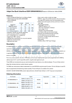 NT128D64S88A0G-75B datasheet - 184pin One Bank Unbuffered DDR SDRAM MODULE
