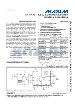 MAX3264C/D datasheet - 3.0V to 5.5V, 1.25Gbps/2.5Gbps Limiting Amplifiers