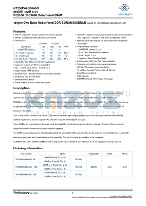 NT256D64S88A0G datasheet - 184pin One Bank Unbuffered DDR SDRAM MODULE