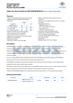 NT256D64S88ABG-6 datasheet - 184pin One Bank Unbuffered DDR SDRAM MODULE