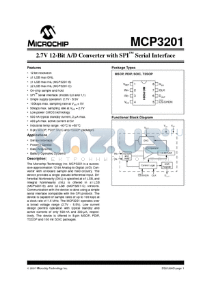 MCP3201-I/SN datasheet - 2.7V 12-Bit A/D Converter with SPI Serial Interface