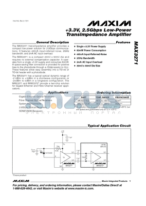MAX3271W datasheet - 3.3V, 2.5Gbps Low-Power Transimpedance Amplifier