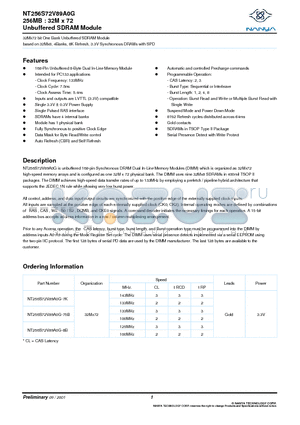NT256S72V89A0G-8B datasheet - 32Mx72 bit One Bank Unbuffered SDRAM Module