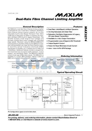 MAX3274 datasheet - Dual-Rate Fibre Channel Limiting Amplifier