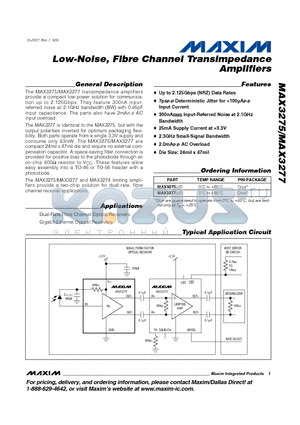 MAX3275 datasheet - Low-Noise, Fibre Channel Transimpedance Amplifiers