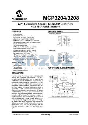 MCP3204 datasheet - 2.7V 4-Channel/8-Channel 12-Bit A/D Converters with SPI Serial Interface