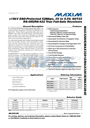 MAX3280E datasheet - a15kV ESD-Protected 52Mbps, 3V to 5.5V, SOT23 RS-485/RS-422 True Fail-Safe Receivers