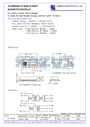 LF-H60E datasheet - 10/100BASE-TX SINGLE PORT MAGNETICS MODULE