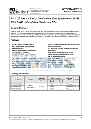 NT5DS4M32EG datasheet - 1M  32 Bits  4 Banks Double Data Rate Synchronous RAM With Bi-Directional Data Strobe and DLL