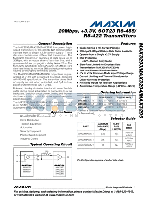 MAX3293 datasheet - 20Mbps, 3.3V, SOT23 RS-485/ RS-422 Transmitters