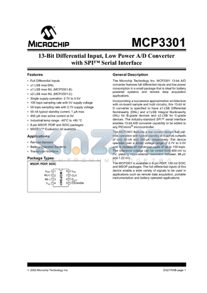 MCP3301 datasheet - 13-Bit Differential Input, Low Power A/D Converter with SPI Serial Interface