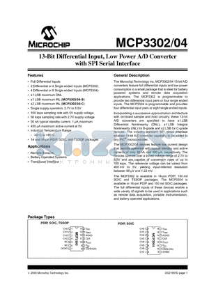 MCP3302 datasheet - 13-Bit Differential Input, Low Power A/D Converter with SPI Serial Interface