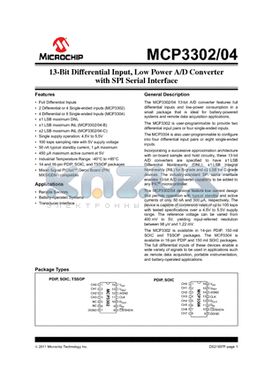 MCP3302 datasheet - 13-Bit Differential Input, Low Power A/D Converter with SPI Serial Interface