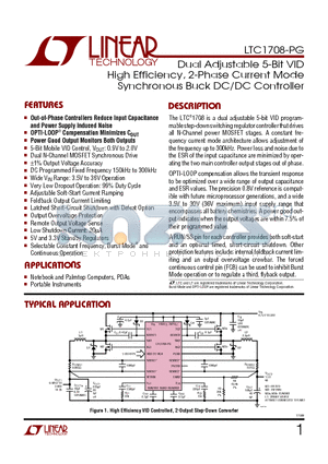 LTC1708-PG datasheet - Dual Adjustable 5-Bit VID High Efficiency, 2-Phase Current Mode Synchronous Buck DC/DC Controller
