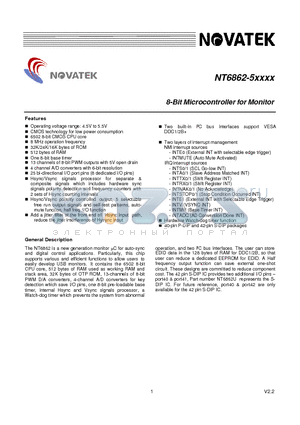 NT6862 datasheet - 8-Bit Microcontroller for Monitor