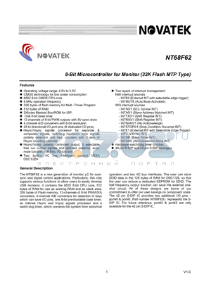 NT68F62 datasheet - 8-Bit Microcontroller for Monitor (32K Flash MTP Type)