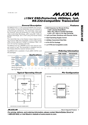 MAX3314EESA datasheet - a15kV ESD-Protected, 460kbps, 1lA, RS-232-Compatible Transceiver