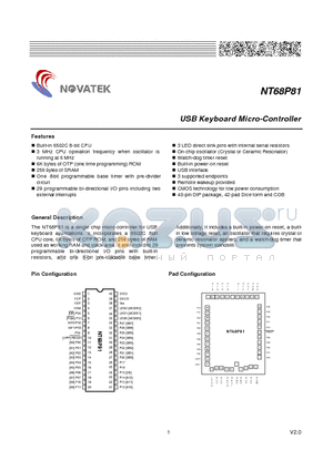 NT68P81-D01014 datasheet - USB Keyboard Micro-Controller