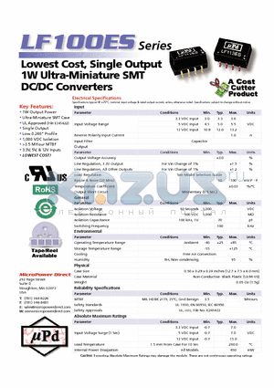 LF104ES datasheet - Lowest Cost, Single Output 1W Ultra-Miniature SMT DC/DC Converters