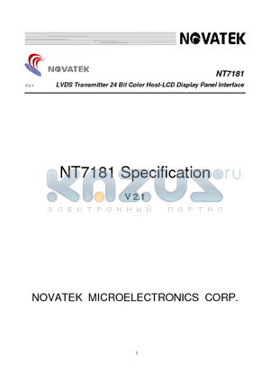 NT7181FQ datasheet - LVDS Transmitter 24 Bit Color Host-LCD Display Panel Interface