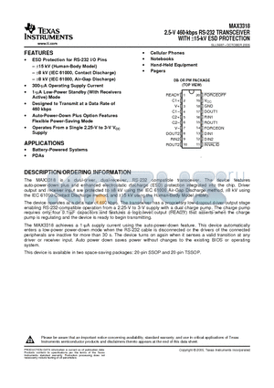 MAX3318CPW datasheet - 2.5-V 460-kbps RS-232 TRANSCEIVER WITH a15-kV ESD PROTECTION