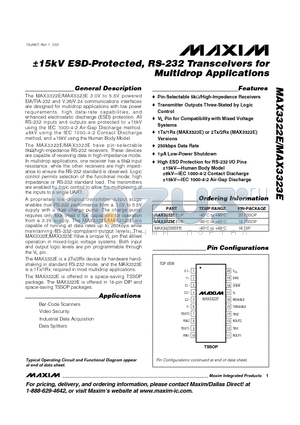 MAX3323EEUE datasheet - 15kV ESD-Protected, RS-232 Transceivers for Multidrop Applications