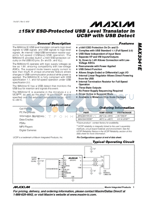 MAX3341E datasheet - a15kV ESD-Protected USB Level Translator in UCSP with USB Detect