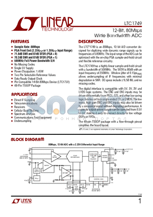 LTC1749 datasheet - 12-Bit, 80Msps Wide Bandwidth ADC