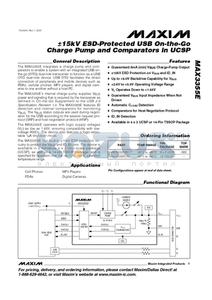 MAX3355E datasheet - /-15kV ESD-Protected USB On-the-Go Charge Pump and Comparators in UCSP