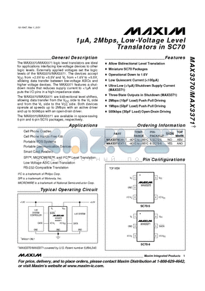 MAX3370 datasheet - 1uA, 2Mbps, Low-Voltage Level Translators in SC70