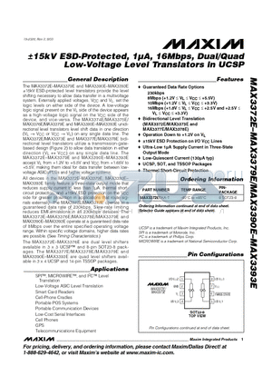 MAX3372EEKA-T datasheet - a15kV ESD-Protected, 1lA, 16Mbps, Dual/Quad Low-Voltage Level Translators in UCSP