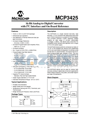 MCP3425A0TECH datasheet - 16-Bit Analog-to-Digital Converter with I2C Interface and On-Board Reference