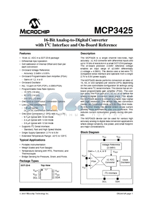 MCP3425A1TECH datasheet - 16-Bit Analog-to-Digital Converter with I2C Interface and On-Board Reference