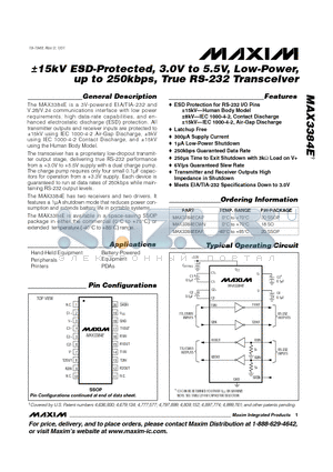 MAX3384 datasheet - a15kV ESD-Protected, 3.0V to 5.5V, Low-Power, up to 250kbps, True RS-232 Transceiver