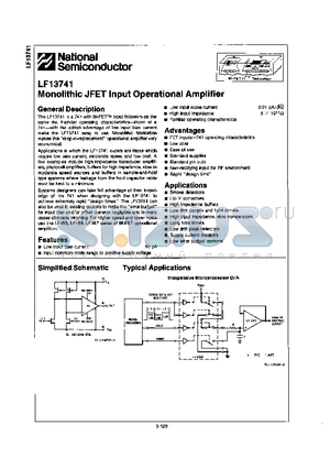 LF13741N datasheet - MONOLITHIC JFET INPUT OPERATIONAL AMPLIFIER
