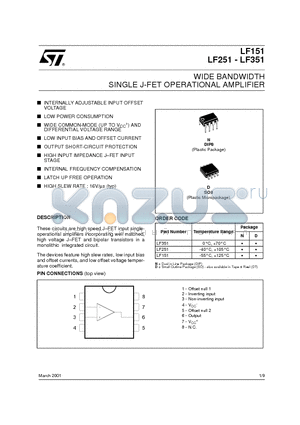 LF151 datasheet - WIDE BANDWIDTH SINGLE J-FET OPERATIONAL AMPLIFIER