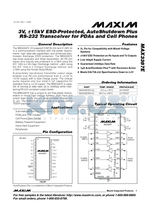 MAX3387 datasheet - 3V, a15kV ESD-Protected, AutoShutdown Plus RS-232 Transceiver for PDAs and Cell Phones
