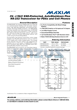 MAX3387E datasheet - 3V, a15kV ESD-Protected, AutoShutdown Plus RS-232 Transceiver for PDAs and Cell Phones