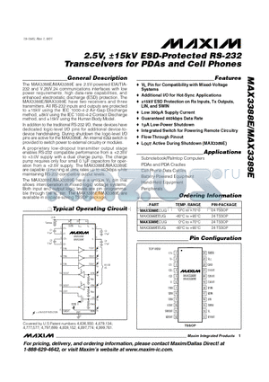 MAX3388ECUG datasheet - 2.5V, a15kV ESD-Protected RS-232 Transceivers for PDAs and Cell Phones