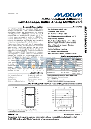 MAX338C/D datasheet - 8-Channel/Dual 4-Channel, Low-Leakage, CMOS Analog Multiplexers