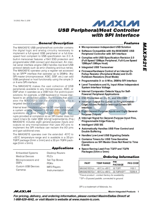 MAX3421E datasheet - USB Peripheral/Host Controller with SPI Interface