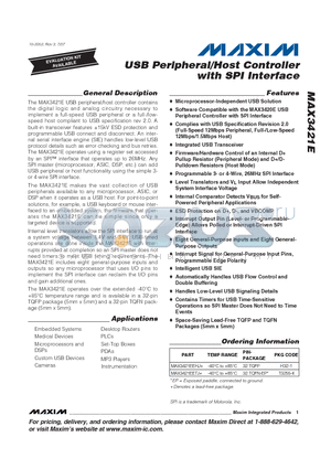 MAX3421E datasheet - USB Peripheral/Host Controller with SPI Interface