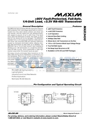 MAX3430CPA datasheet - a80V Fault-Protected, Fail-Safe, 1/4-Unit Load, 3.3V RS-485 Transceiver