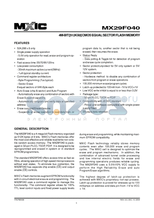 MX29F040PC-90G datasheet - 4M-BIT [512KX8] CMOS EQUAL SECTOR FLASH MEMORY